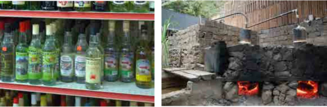 Figura 5 - Garrafa de Grogue (esquerda) e Destilação de cana-de-açúcar para fazer Grogue (direita)
