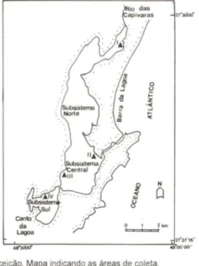 Fig.  1.  Lagoa da Conceição.  Mapa indicando as áreas de coleta. 