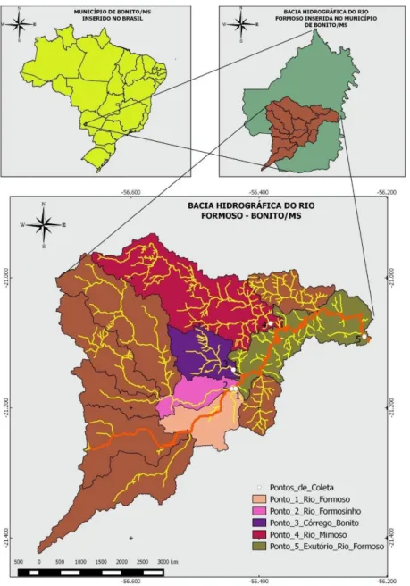 Figura  1  –  Área  de  estudo:  mapa  da  bacia  Hidrográfica  do  Rio  Formoso  no  município  de  Bonito/MS,  destacando  a  hidrografia e pontos de coleta