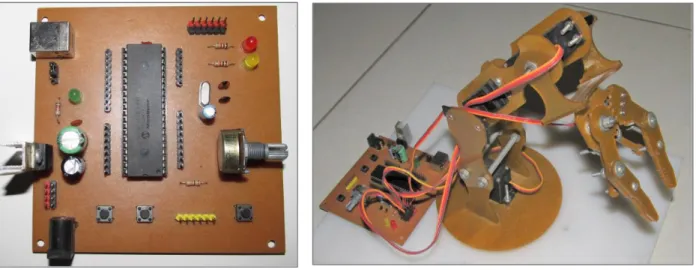 Figure 5. The assembled circuit board (a) and the robotic arm attached to the circuit board (b)