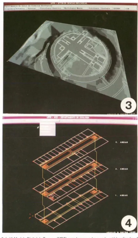 Figs 3-4. (4) Modelo Digital do Terreno (MDT) gerado para a área onde está localizado o Setor  de  Ciências  Biológicas da  Universidade  Federal  do  Paraná ; (4) coverage do  Departamento  de Zoologia da  Universidade Federal do Paraná, selecionado atrav