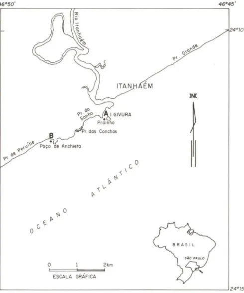 Fig. 2. Mapa da  região de Itanhaém, indicando os locais de coleta . (A)  Prainha , (8) Praia de  Peruíbe