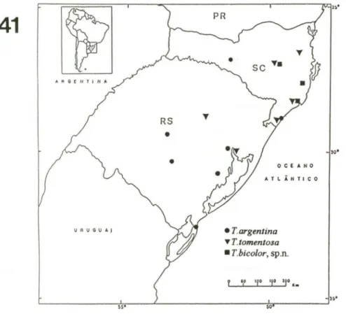 Fig. 41 . Registros de ocorrência de  Trichorhina  argentina,  T.  tomentosa e  T.  bicolor  sp.n