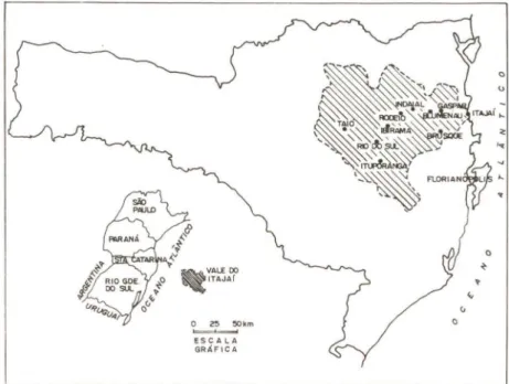 Fig. 1. Localiza&lt;jão da hacia hidrográfica do Rio Itajaí (Santa Catarina). ｆｯｮｴｾＺ KLEIN 1979