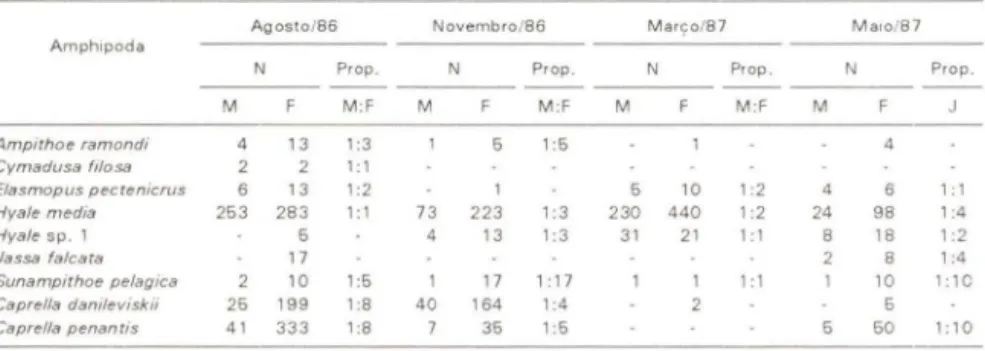Tabela  XII.  Amphipod a d os fitai s de Caiobá.  Número absoluto (NI  d e machos (MI e f êmeas  (FI  adultos  de  Amphipoda  e  a  proporção  (Prop.1  de  sexos  nas  amostras  de  agosto/86 ,  novembro/8 6,  m arço/87  e  mai o/8 7