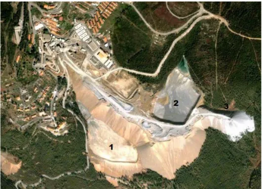 Figura 4.3 - Vista aérea das Minas da panasqueira com a localização das 3 barragens. 