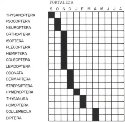 Fig.  6.  Ilha do Mel .  ｒ･ｰｲ･ｾ･ｮｴ｡ｾ￣ＨＩ＠ neogrática dos meses em que as  ｏｲ､･ｮｾ＠ de  Insecta 