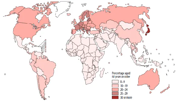Figura 3. Proporção de população com 60 ou mais anos, por país, projeções para 2050. Fonte: WHO (2015)