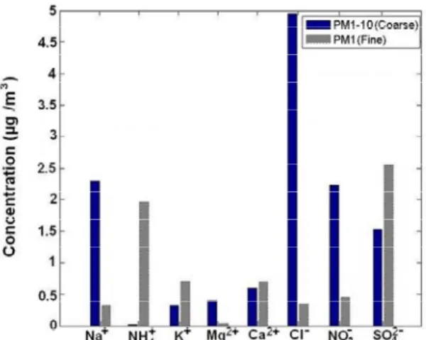 Fig.  2.  Average  concentration  of  chemical  species  in  the particulate matter for fine and coarse particles. 