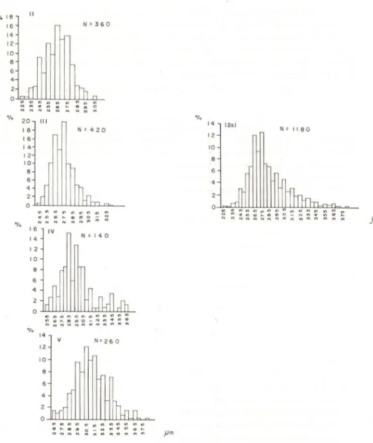 Fig. 2.  Callinecles danae.  Distribuição de freqüência do diâmetro dos ovos por estádio de desen- desen-volvimento do embrião; estádios agrupados (2a)