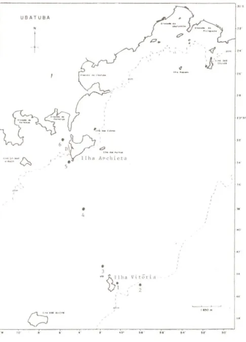 FIG. I. Localização das Ilhas Anchieta e Vit6ria (SP), das estações de coleta e percurso de dragagem (Estação I: 23° 44' 08&#34;S - 4S0 03&#34;W; Estação 2: 23° 45'S - 44°