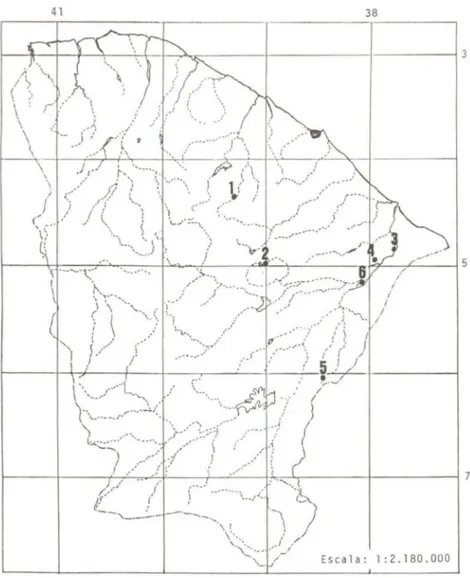 Fig.  1.  Mapa do  Estado  do Ceará,  Brasil, com indicação dos  pontos de  coleta:  I, Canindé;  2,  Quixadá; 3, Jaguaruana; 4, Russas; 5, Pereiro; 6, Limoeiro do Norte