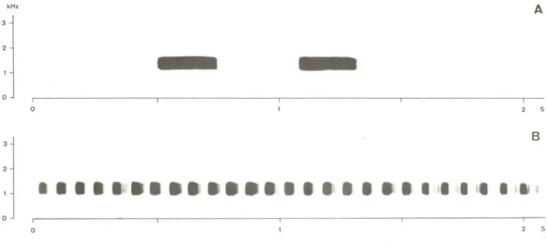 Fig.  2.  Sonogramas  (Voice  Identification  700;  wide  band)  das  gravações  (Nagra  E  com  Sennheiser MKH  816) pelo autor de: A)  Glaucidium m