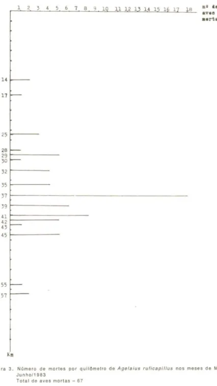 Figura  3 .  Número  de  mortes  por  quilOmetro  de Age/aius  ruficapi/lus  nos  meses  de  Ma rço  a  Junho / 1983 