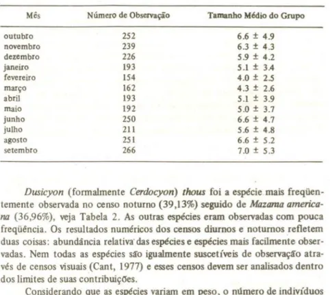 Tabela 1 - Número  de  capivaras observadas e  tamanho m6dio de grupo  (±  1 desvio  pa- pa-drão)  para  12  meses  de levantamento