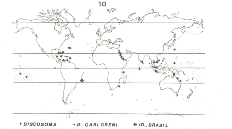 Fig.  10  - Distribuição geográfica  do  gênero Discosoma  e  da  espécie  D.  carlgreni,  mostrando  a  nova  ocorrência  no  Brasil
