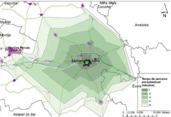 Figura 2- Áreas de serviço que representam a duração do percurso de carro, em minutos, partindo do  centro da cidade de Montemor-o-Novo (Fernandes 2016) 