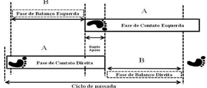 Figura 1 - Um ciclo de Passada. A fase de contato ou  Tempo de Contato (TC) é deinido como o  tempo, durante do ciclo de passada, em que  o pé (esquerdo ou direito) está em contato  com o solo (A)