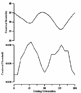Figura 4 – Curvas psicofísicas que mostram a presença do efeito oblíquo. Em cima a sensibilidade ao  contraste em redes projetadas em monitor e em baixo o limiar de contraste em franjas de interferência