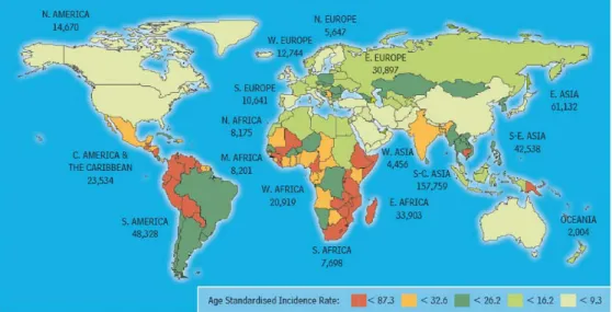 Figura 1. Taxa de incidência mundial de cancro do colo do útero no mundo no ano de 2002