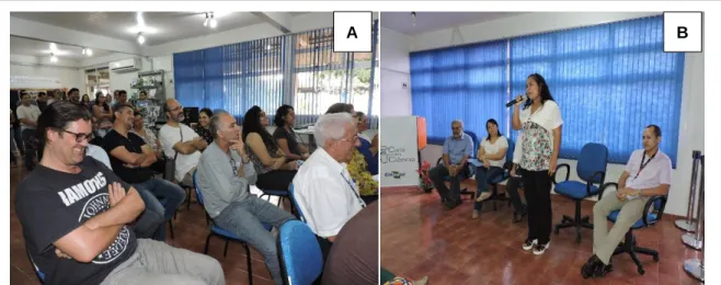 Figura 2: Público presente (A) e autores apresentando seus trabalhos (B) em um dos eventos ‘Café com Ciência”,  realizado no Salão da Biblioteca da Embrapa Amapá 