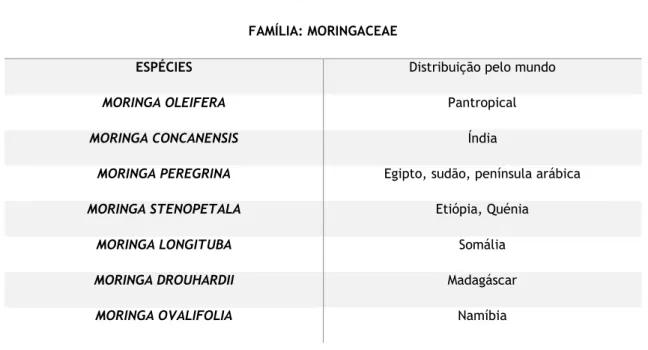 Tabela 2.2 – Espécies mais comuns de Moringa e sua distribuição pelo mundo – Fonte [11]