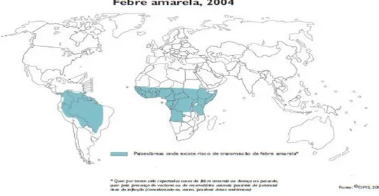Figura 3- Ilustração dos países onde existe risco de transmissão de febre amarela. 