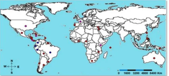 Figura 1: Mapa dos países onde encontram-se distribuídas a Passiflora. Os países com mais espécies são  identificados com os círculos azuis