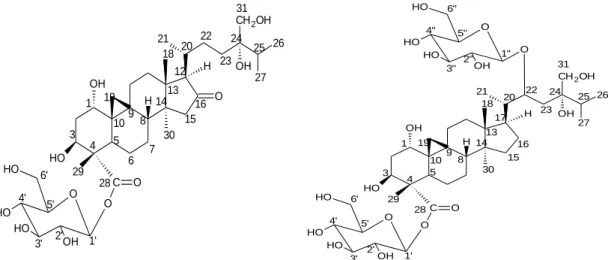 Figura 6: Triterpenos cicloartanos isolados na P. edulis. (Wang, Xu et al. 2013) 