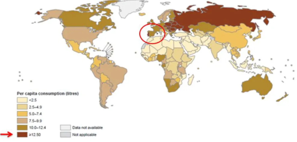 Figura  5  –  Estimativa  global  do  consumo  de  álcool  per  capita,  com  15  ou  mais  anos  de  idade,  em  2010