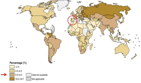 Figura 7 – Estimativa global da percentagem de óbitos atribuídos ao álcool por todas as causas
