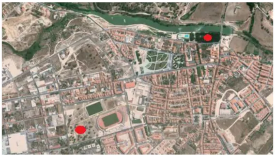Figura  6  –  Vista  aérea  da  Cidade  de  Ponte  de  Sor,  com  as  respectivas  zonas  verdes  escolhidas,  assinaladas a vermelho 