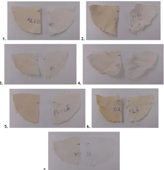 Figura  43  -  Amostras  de  tecidos  fixados  pelo  método  de  Pad  Dry  (lado  esquerdo  de  cada  imagem  numerada)  e  após  ensaboamento  a  30ºC  durante  25  minutos