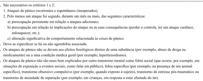 Tabela 1 – Critérios diagnósticos para transtorno do pânico segundo o  Diagnostic and Statistical Manual of Mental Disorders, Fourth Edition, Text Revision