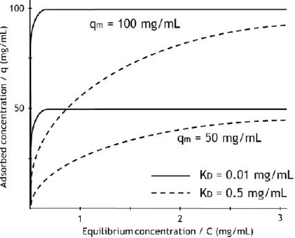 Figure  I.5  shows  representations  of  typical  Langmuir  isotherms.  It  can  be  seen  how  different values for the parameters 