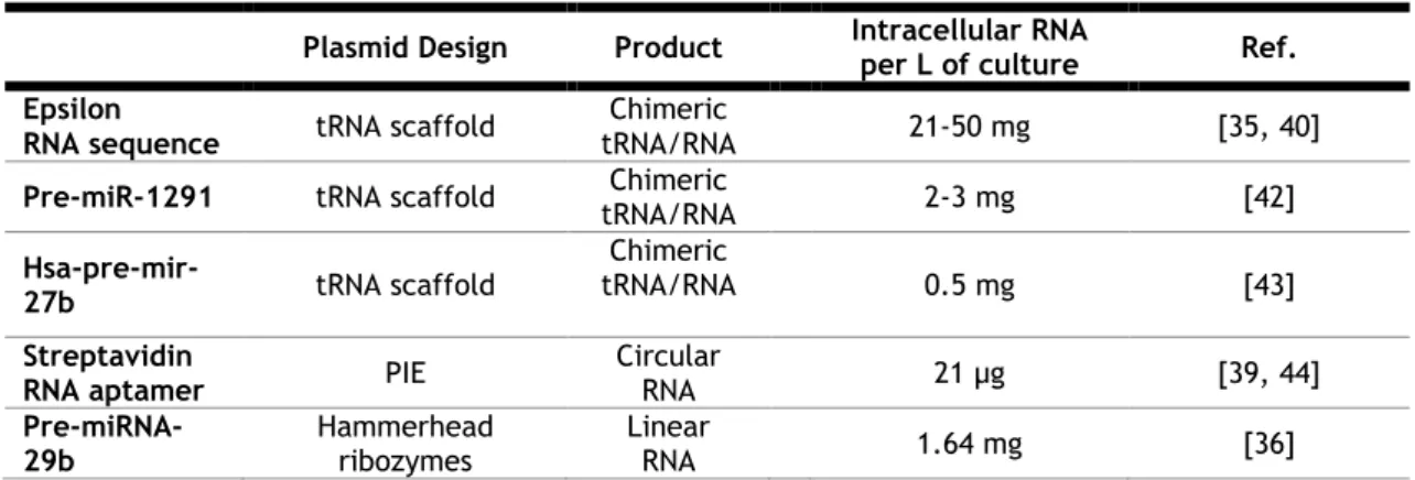 Table 1- Examples of Recombinant RNAs typically produced in E. coli. 