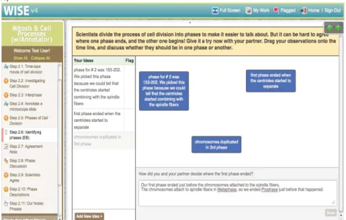 Figure 6. An Idea Manager and Explanation Builder step in the Mitosis project. Students have access to  ideas they added to the idea manager during previous steps (left column) when constructing explanations  (lower right)