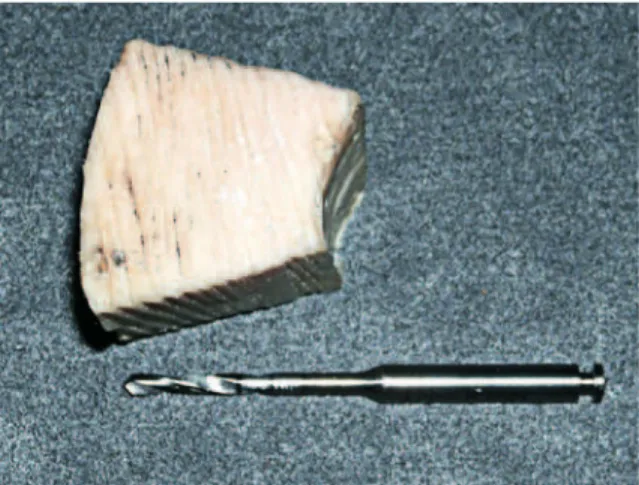 FIGURA 3 - Sistema utilizado para medir o torque de inserção e de remoção  dos mini-implantes, constituído por um torquímetro digital (A) preso ao torno de  bancada (B), com peça óssea, onde os mini-implantes foram inseridos, presa  por posicionador metáli