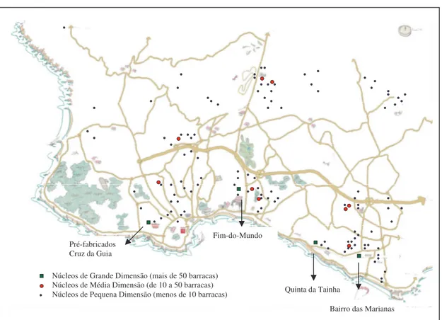 Figura nº3 - Mapeamento dos Núcleos de Barracas PER no Concelho Cascais (1993) 