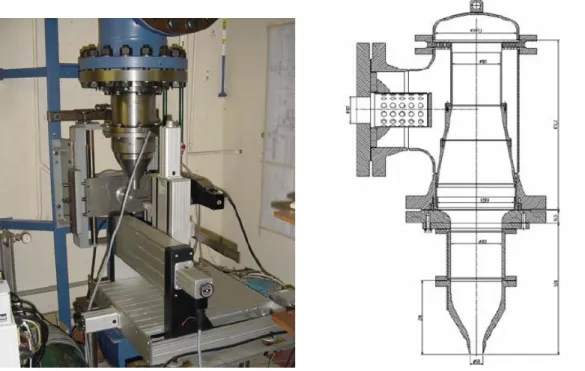 Figure 3.6: C-4 facility: photograph (left) and lateral view drawing (right) (Morelli 2014)  This  facility  consists  on  a  vertical  nozzle  to  produce  constant  flow  and  an  electrical  linear  motor  to  rotate  the  probe