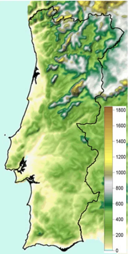 Figura 3.2:Distribuição da temperatura (ºC)  média anual para Portugal Continental, com  temperaturas mais elevadas no litoral e sul do 