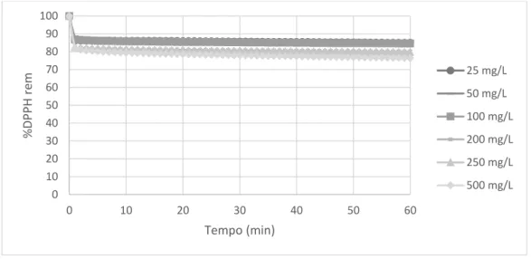 Figura 21 – Comportamento cinético do DPPH em função do tempo para o extrato bruto da variedade de  cereja Saco Colheita Tardia