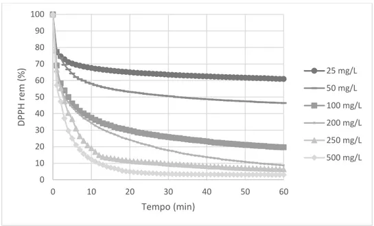 Figura 25 – Comportamento cinético do DPPH em função do tempo para o extrato purificado da variedade  de cereja Saco Colheita Tardia 