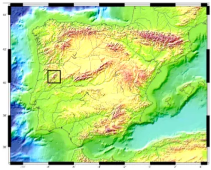 Figura 2 - Localização da Serra da Estrela, Retângulo a Negro, enquadrada em Portugal e Espanha e os relevos da Cordilheira Central Ibérica