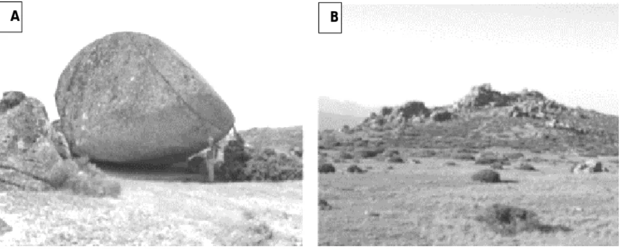 Figura 13 - Exemplos de elementos tipo tor na Serra da Estrela. A - Penhas da Saúde; B - -Poios Brancos; (Vieira, 2004) 