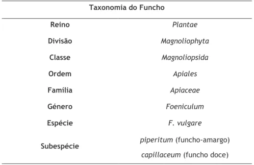 Tabela 1- Caracterização taxonómica de F.vulgare. Adaptado de Carilho, 2009; Bernáth et al.,, 1996