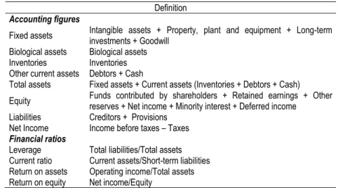 Table 3. Accounting figures and financial ratios  Definition 