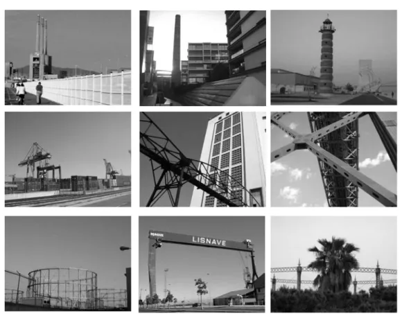 Figura 4. Elementos referenciais em cidades portuárias (de cima para baixo da esquerda para a  direita: chaminés em Sant Adrià de Besós, Barcelona; chaminé de fábrica em Alcântara, Lisboa; 