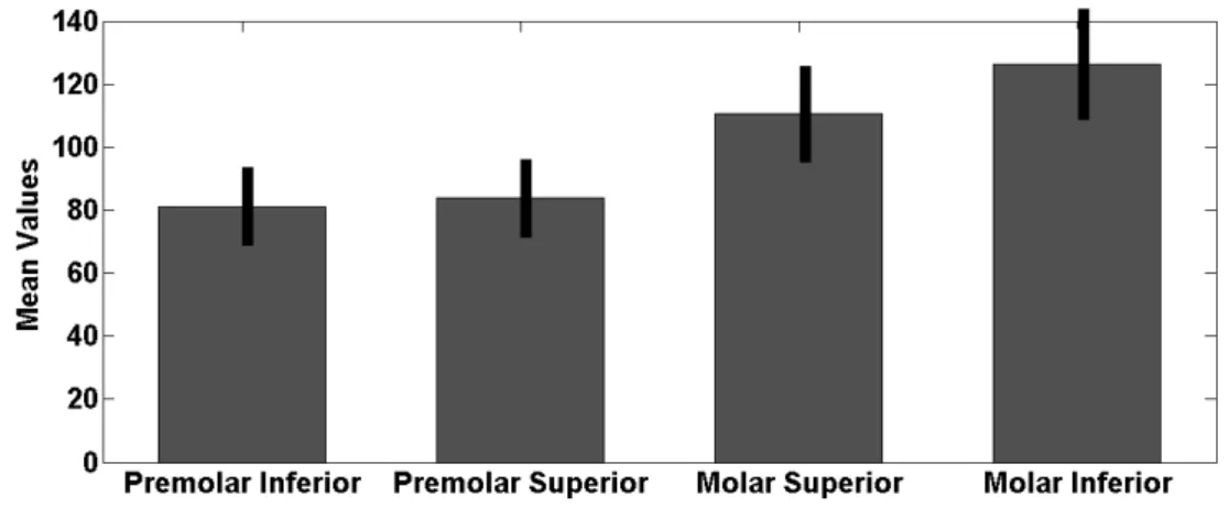 Figure 3.4: Average sizes and corresponding confidence intervals, regarding the type of teeth.