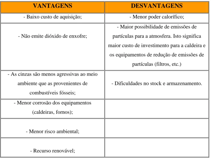 Tabela 2.1 – Tabela de Vantagens e Desvantagens da Produção de Biocombustíveis gasosos: biogás 